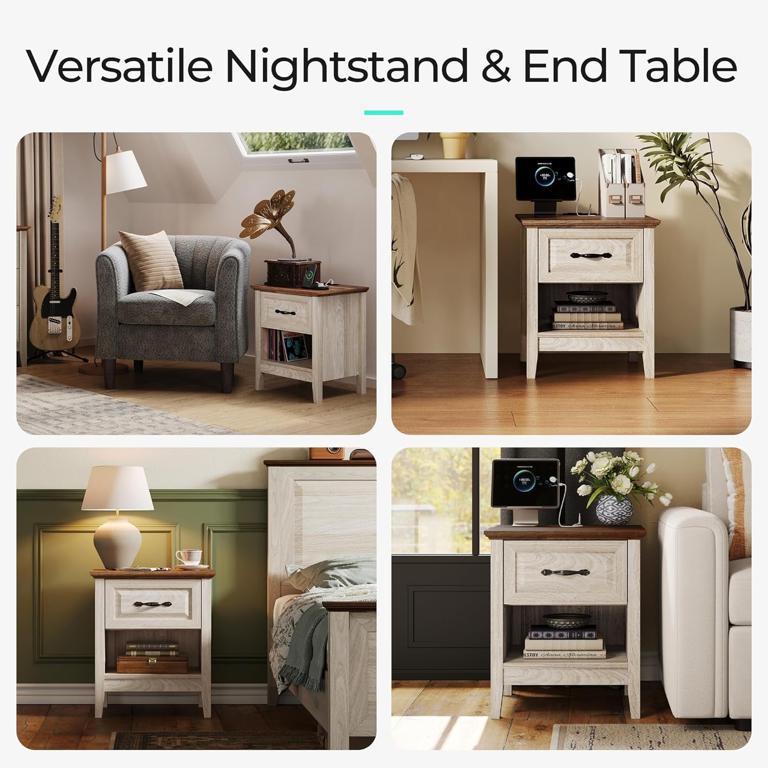 Night Stand 18.9" Farmhouse Wood Night Stand with Type-C Charging Station Open Storage Shelf Nightstands with Drawer Side Table End Table for Bedroom Living Room Sofa Couch Office Beige