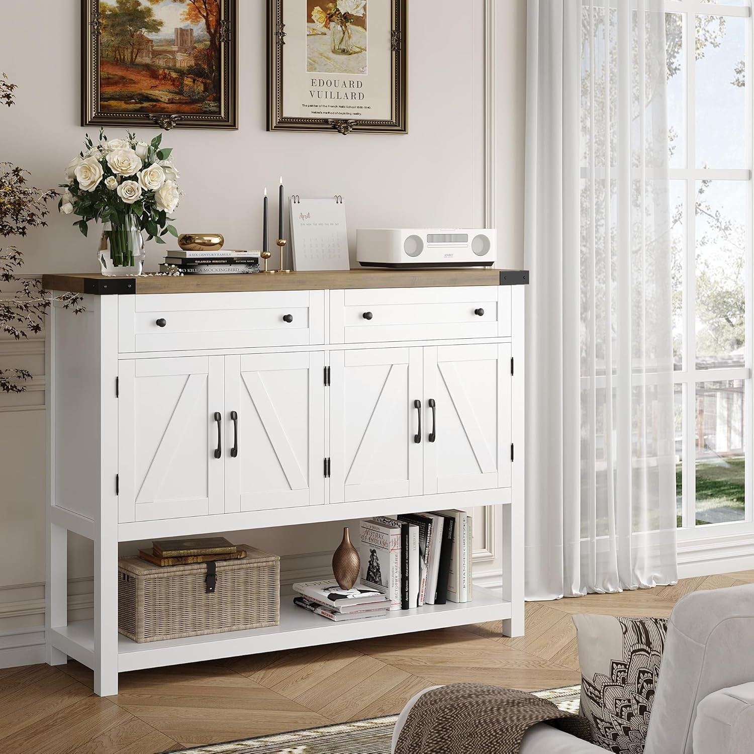 Buffet Sideboard Cabinet with Storage, 47.2" Modern Farmhouse Coffee Bar with 2 Drawers, Barn Doors Console Table with Shelf for Kitchen, Dining Room, Living Room, Entryway (White)