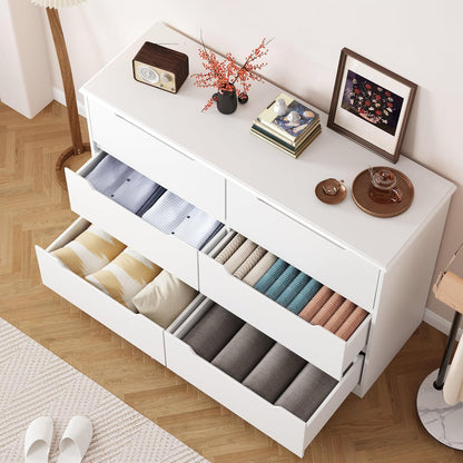 6 Drawer Double Dresser for Bedroom with Anti-Tip Design, Modern Wide Wooden Chest of Drawers with Cut-Out Handles, Closet Storage Organizer and TV Stand for Living Room, Hallway, Entryway