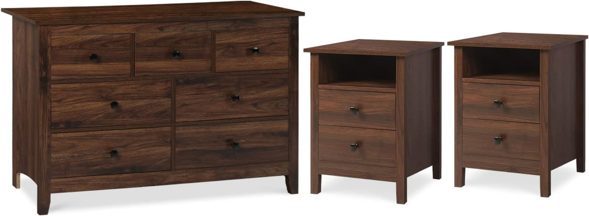 Dresser and Nightstand Set - 3 Pieces Bedroom Set with 7 Drawer Dresser and 2 Drawer Nightstands, Wooden Dresser and Nightstands for Bedroom, Brwon Wood Grain