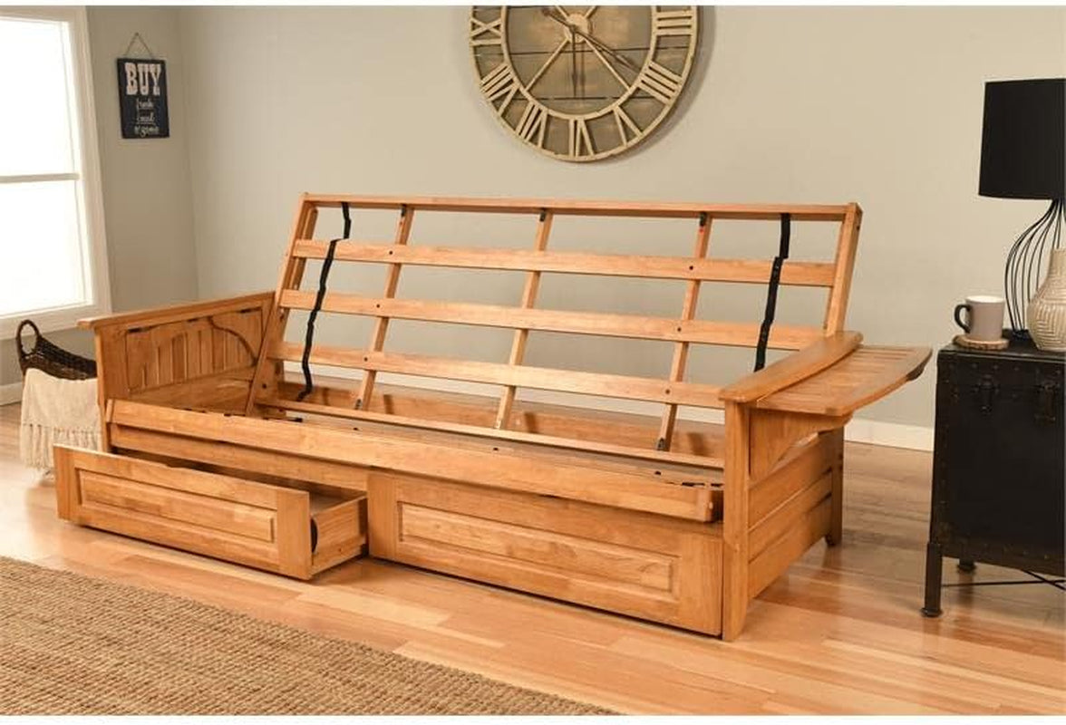 Phoenix Queen Butternut Wood Storage Futon-Linen Stone Mattress