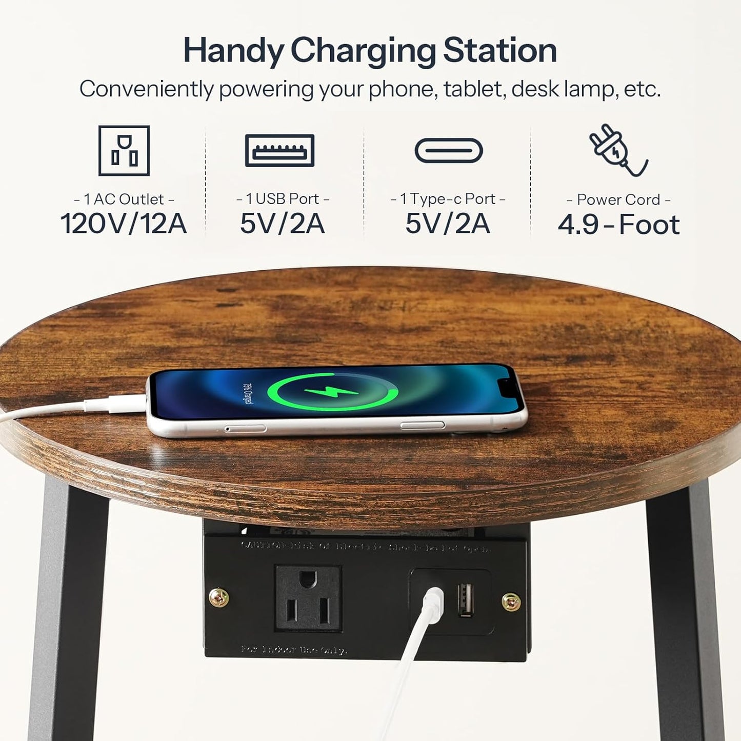 Small round Side Table with Charging Station, round End Accent Table with Storage Basket, Compact Sofa Bedside Table for Small Space in Living Room, Bedroom, Rustic Brown BF169UBZ01