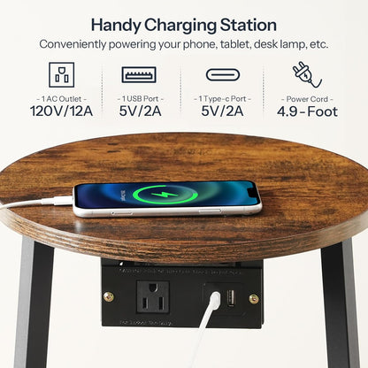 Small round Side Table with Charging Station, round End Accent Table with Storage Basket, Compact Sofa Bedside Table for Small Space in Living Room, Bedroom, Rustic Brown BF169UBZ01