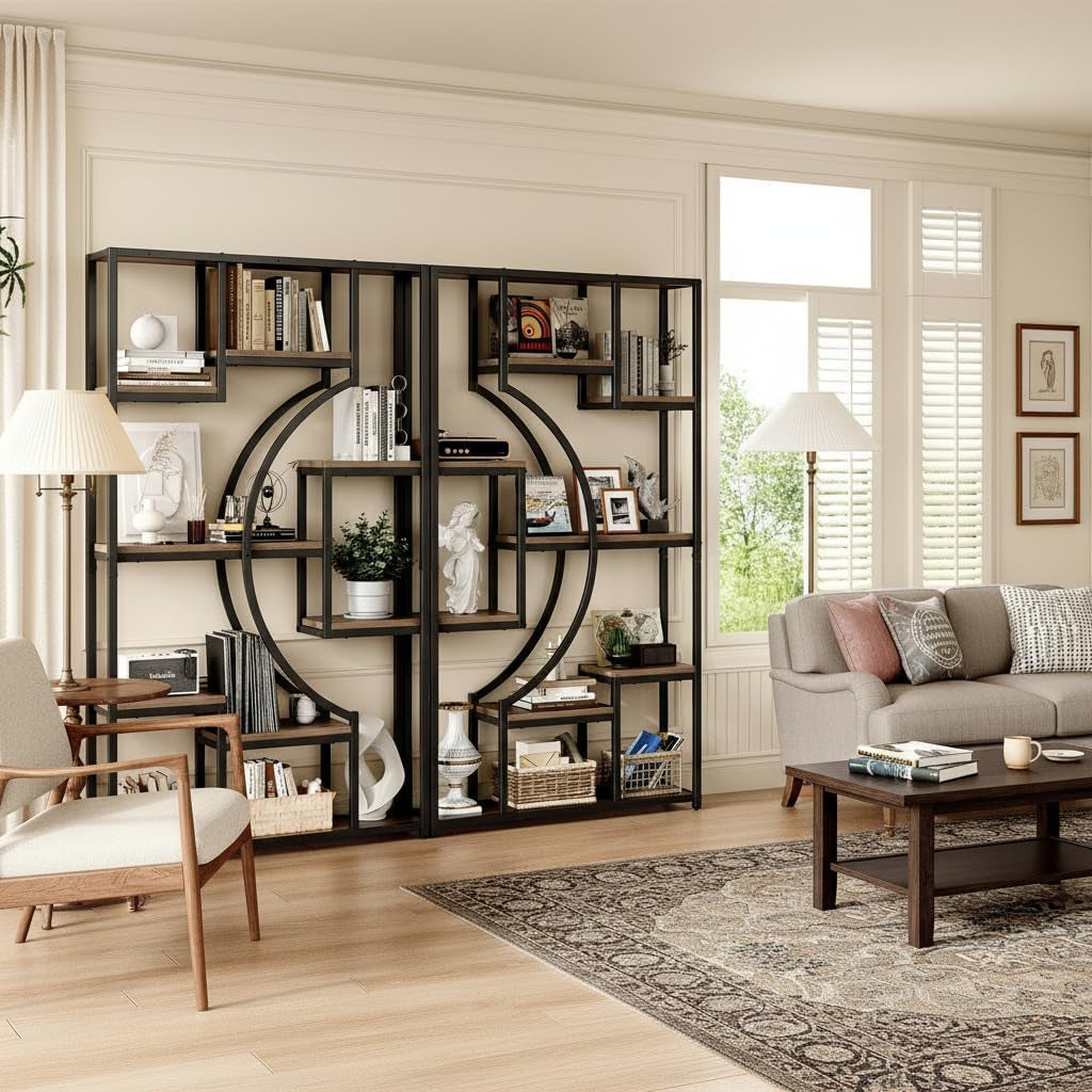 70.8" Tall Bookshelf Set of 2, 79" Wide Geometric Display Shelf with 18 Open Storage Shelves, Scratch-Resistant Gray Wash & Metal Frame, for Living Room, Office, Bedroom – Anti-Tip & Adjustable Feet