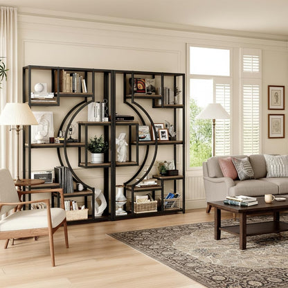 70.8" Tall Bookshelf Set of 2, 79" Wide Geometric Display Shelf with 18 Open Storage Shelves, Scratch-Resistant Gray Wash & Metal Frame, for Living Room, Office, Bedroom – Anti-Tip & Adjustable Feet