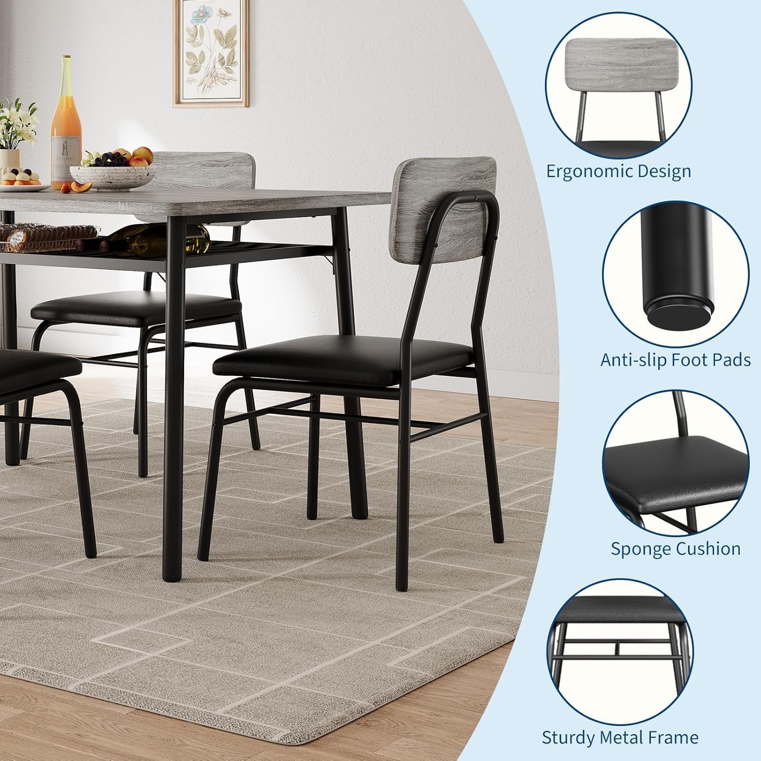 Dining Table Set for 4 with Storage Rack, 5-Piece Kitchen Table and Upholstered Chairs of 4, Wood Tabletop & Heavy-Duty Metel Frame, Dining Room Set for Small Space, Apartment, Gray