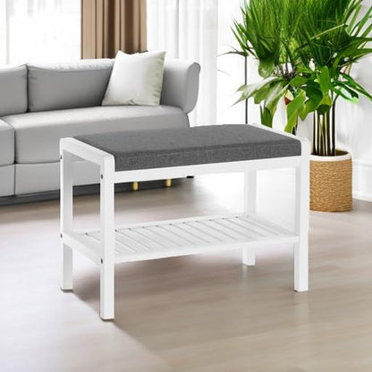Shoe Rack Bench with Cushion Upholstered Padded Seat, Storage Shelf, Shoe Organizer, Holds up to 350 Lb, Ideal for Entryway Bedroom Living Room Hallway Garage Mud Room Gray and White ULBS65WN