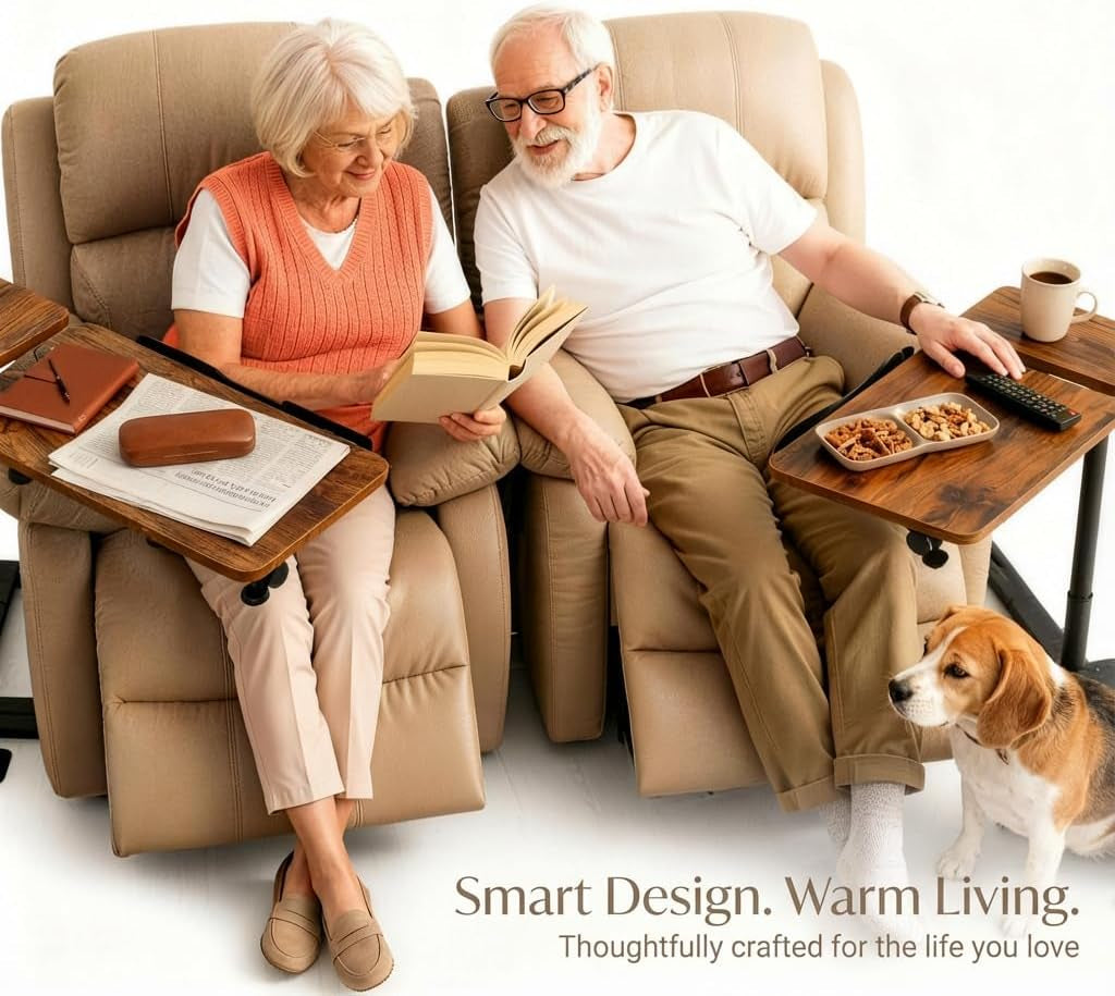 Height Adjustable Overcouch Armrest Table Tray – Tilting Top Swivel Table for Recliner, Sofa, Laptop, Slide under Side Table for Eating, Reading, Snacking, Recovery Use (Rustic Brown)