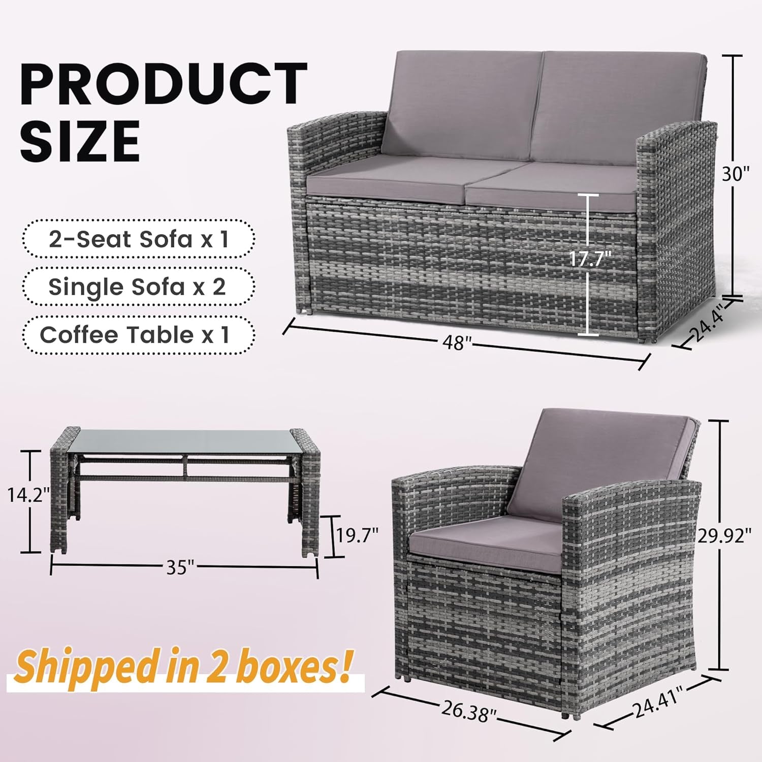 4-Piece Patio Furniture Set, Wicker Outdoor Rattan Sectional Sofa with Cushions and Glass Table, All-Weather Outdoor Conversation Set for Garden, Porch, Backyard, Patio, Light Grey