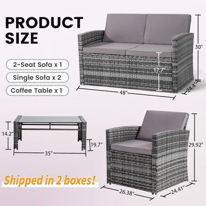 4-Piece Patio Furniture Set, Wicker Outdoor Rattan Sectional Sofa with Cushions and Glass Table, All-Weather Outdoor Conversation Set for Garden, Porch, Backyard, Patio, Light Grey