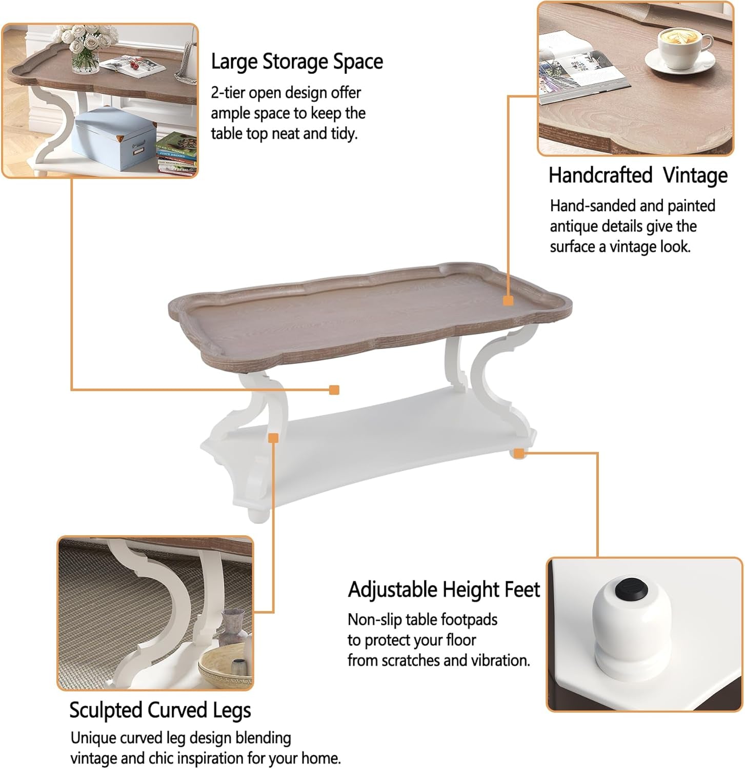 Farmhouse Coffee Table, Rustic White Cocktail Table with Storage Shelf, Sofa Table with Natural Tray Top and Carved Legs for Living Room Furniture Dining Room, Vintage White