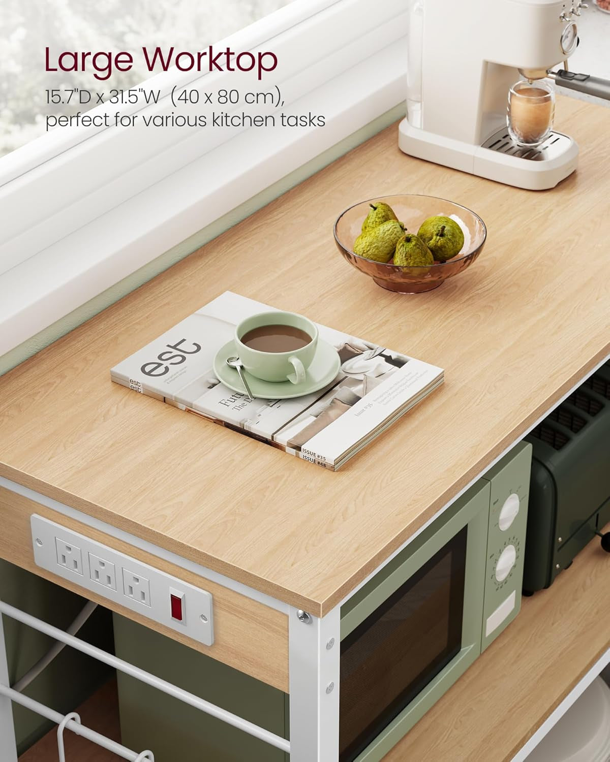 Kitchen Island with Power Strip, Microwave Oven Stand, Kitchen Shelf, Baker'S Rack with 3 Open Shelves, 6 Hooks, Metal Frame, 15.7 X 31.5 X 35.4 Inches, Goldean Oak and White UKKI102YA02S