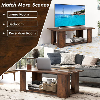 2-Tier Coffee Table, Modern Rectangular Center Cocktail Table with 5 Support Legs, Wooden Accent Living Room Furniture, Small Coffee Table for Small Spaces, Easy Assembly (Rustic Brown)