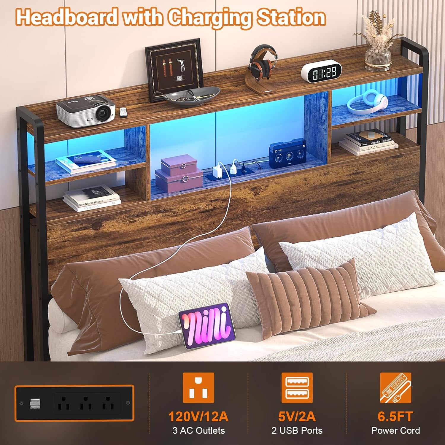 Headboard for Twin Size Bed with Storage, Headboards with LED Light, Power Outlets, USB Ports Twin Size Head Board, Wood Headboard Only Sturdy and Stable Headboards, Rustic Brown
