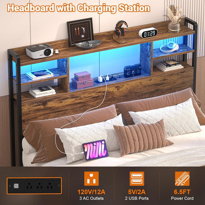 Headboard for Twin Size Bed with Storage, Headboards with LED Light, Power Outlets, USB Ports Twin Size Head Board, Wood Headboard Only Sturdy and Stable Headboards, Rustic Brown