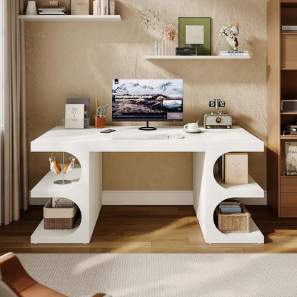 White Executive Office Desk, 63" Computer Desk with Storage Shelves, Modern Wood Study Writing Table, Large Workstation Business Furniture for Home Office (Table Only)