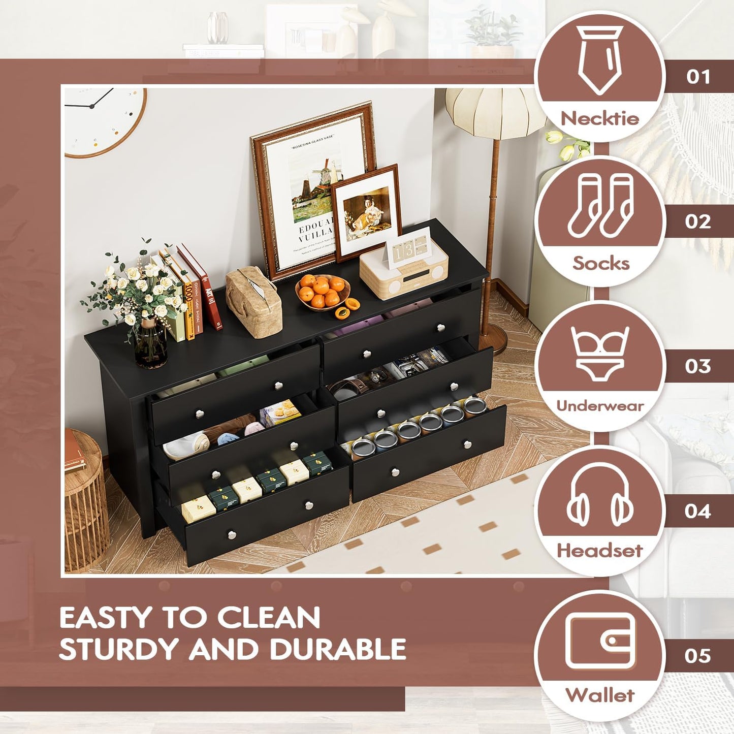 Wood Dresser for Bedroom, Wide Chest of Drawers with 6 Drawers,Storage Tower Unit, Modern Closet Store Organizer for Living Room, Hallway (Black)