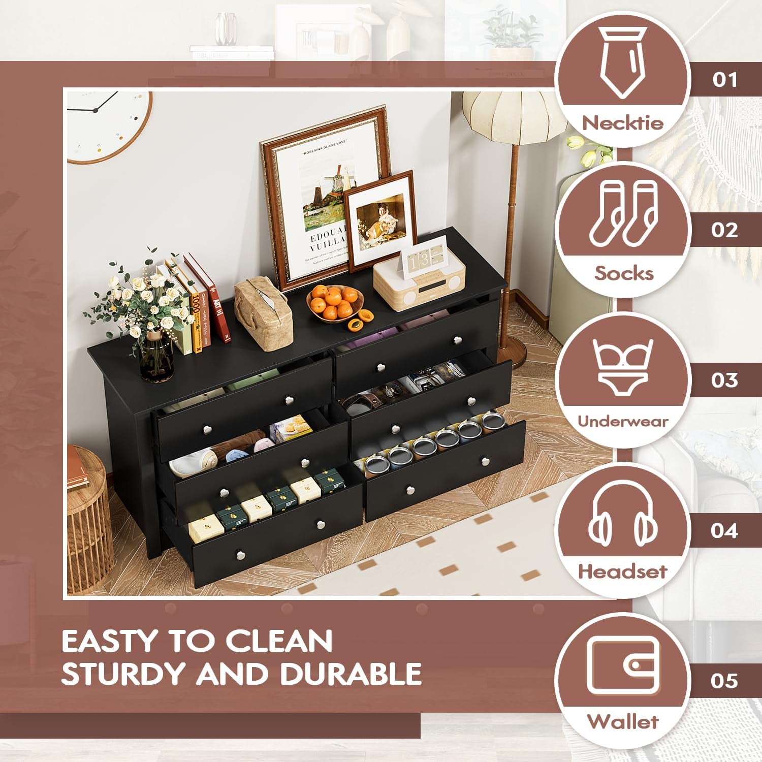 Wood Dresser for Bedroom, Wide Chest of Drawers with 6 Drawers,Storage Tower Unit, Modern Closet Store Organizer for Living Room, Hallway (Black)