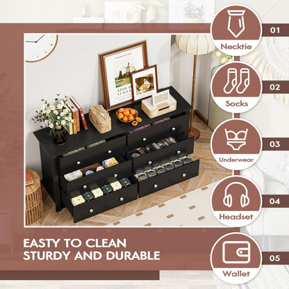 Wood Dresser for Bedroom, Wide Chest of Drawers with 6 Drawers,Storage Tower Unit, Modern Closet Store Organizer for Living Room, Hallway (Black)