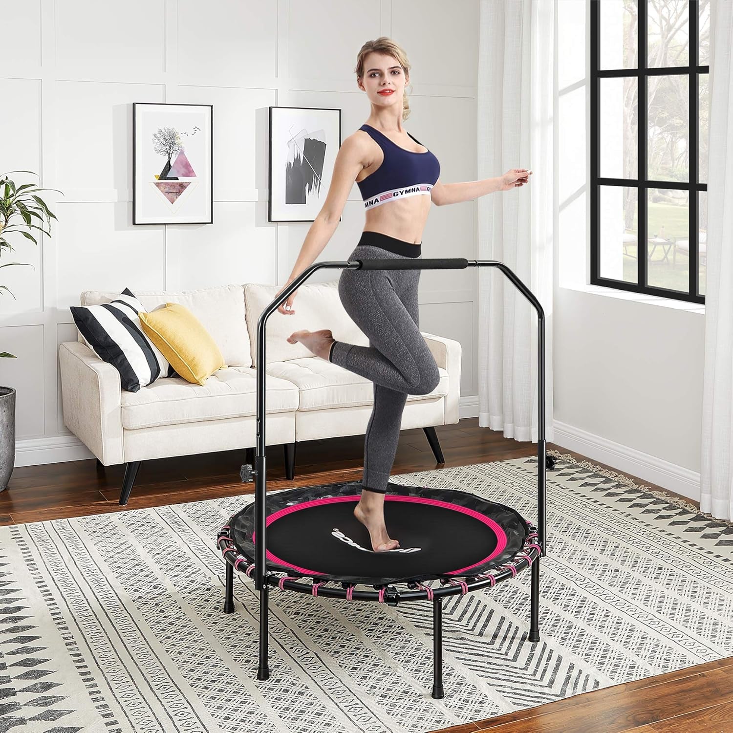 40 Inches Mini Fitness Trampoline, Fitness Rebounder with Adjustable Handrail, Foldable Trampoline for At-Home Workout, Max. Load 264.6 Lb