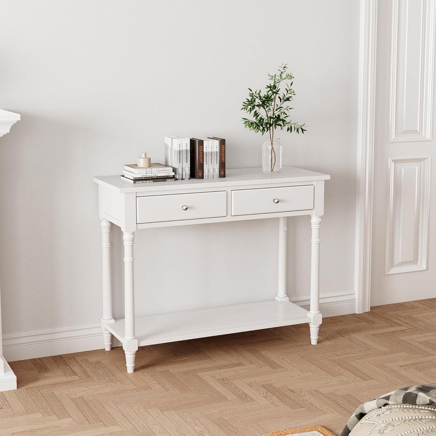Solid Wood Console Table with 2 Drawers, 2-Tier 35.4" X 30" Accent Sofa Table with Multilayer Storage Shelf Rustic Hall Entryway Tables for Living Room Home Office-Ivory White