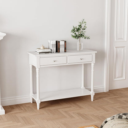 Solid Wood Console Table with 2 Drawers, 2-Tier 35.4" X 30" Accent Sofa Table with Multilayer Storage Shelf Rustic Hall Entryway Tables for Living Room Home Office-Ivory White