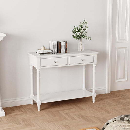 Solid Wood Console Table with 2 Drawers, 2-Tier 35.4" X 30" Accent Sofa Table with Multilayer Storage Shelf Rustic Hall Entryway Tables for Living Room Home Office-Ivory White