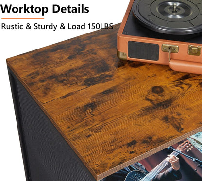 Large Record Player Stand Table with Vinyl Record Holder up to 150PCS, AV Media Stand Stereo Cabinet Shelf Rack Tower with Storage, Sturdy, Adjustable Feet, Rustic, Large Capacity