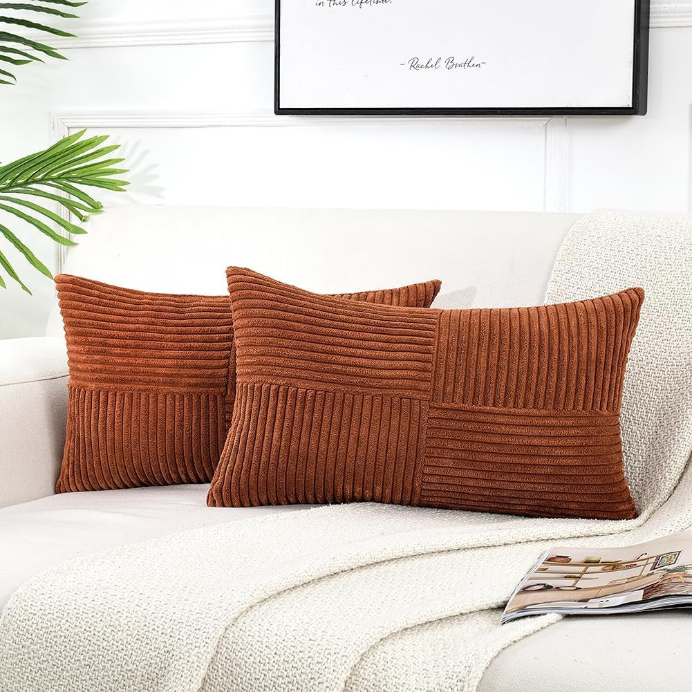 Rust Lumbar Decorative Throw Pillow Covers 12X20 Inch for Couch Bed Sofa, Rustic Farmhouse Boho Home Decor, Soft Striped Corduroy Rectangle Accent Terracotta Cushion Case 30X50 Cm