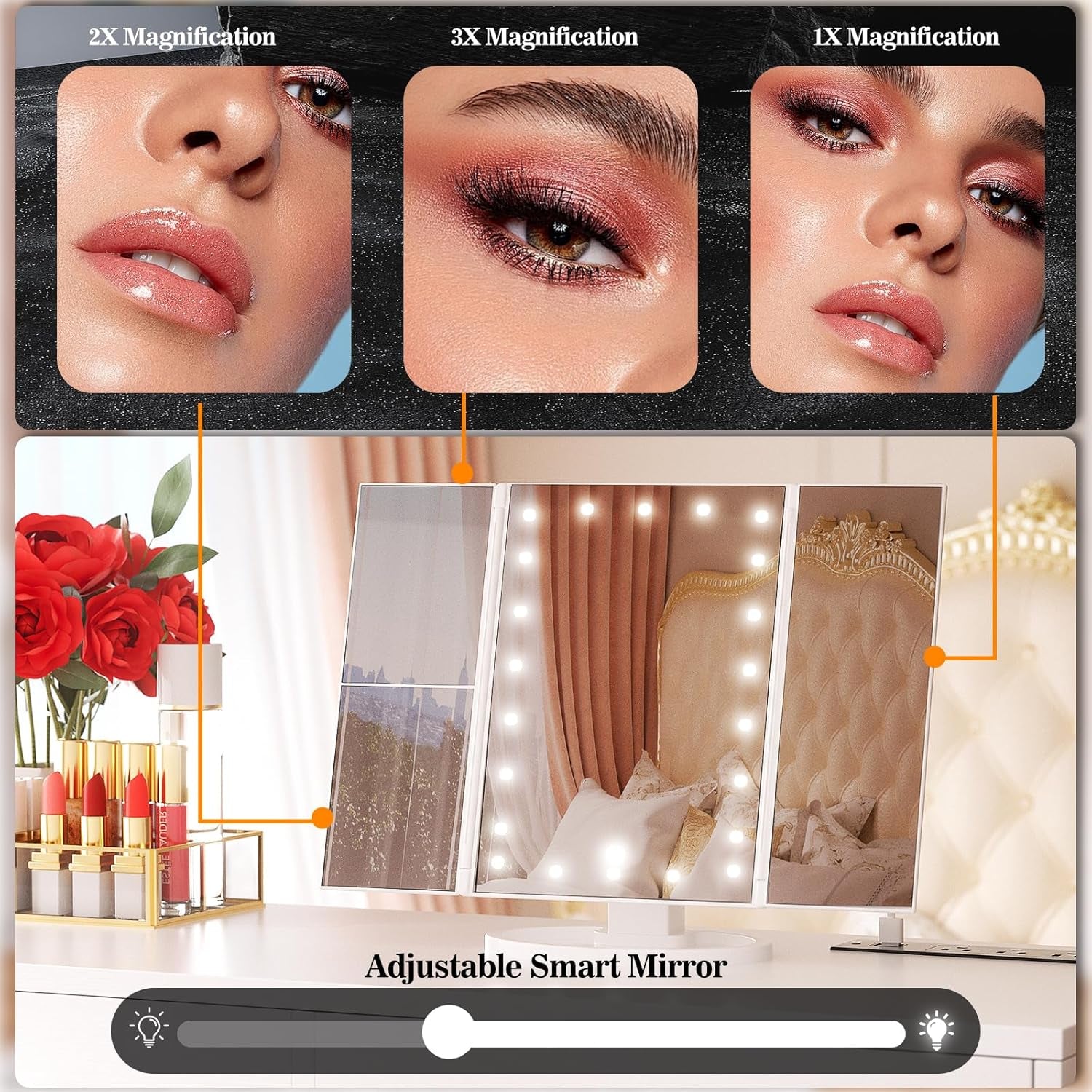 Vanity Desk with Mirror and Lights, 36'' Makeup Vanity Desk with Power Outlet, Small Vanities Set Dressing Table with Drawers for Bedroom, White