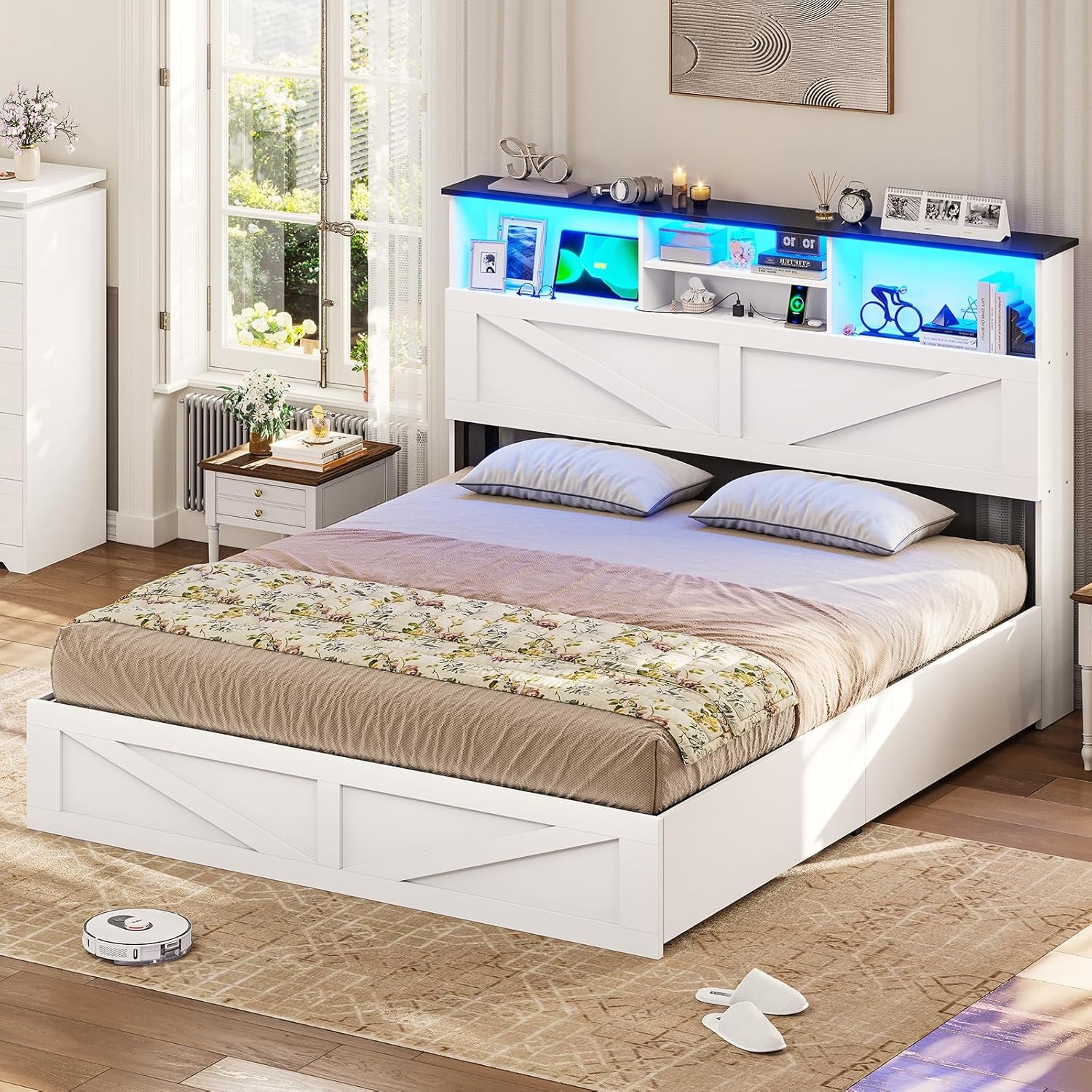 Farmhouse Bed Frame Queen Size with Bookcase Storage Headboard, Charging Station and LED Lights, Wooden Queen Bed Frame with 4 Drawers, Barn Door Design, No Box Spring Needed, No Noise, White