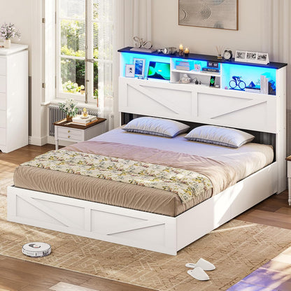 Farmhouse Bed Frame Queen Size with Bookcase Storage Headboard, Charging Station and LED Lights, Wooden Queen Bed Frame with 4 Drawers, Barn Door Design, No Box Spring Needed, No Noise, White