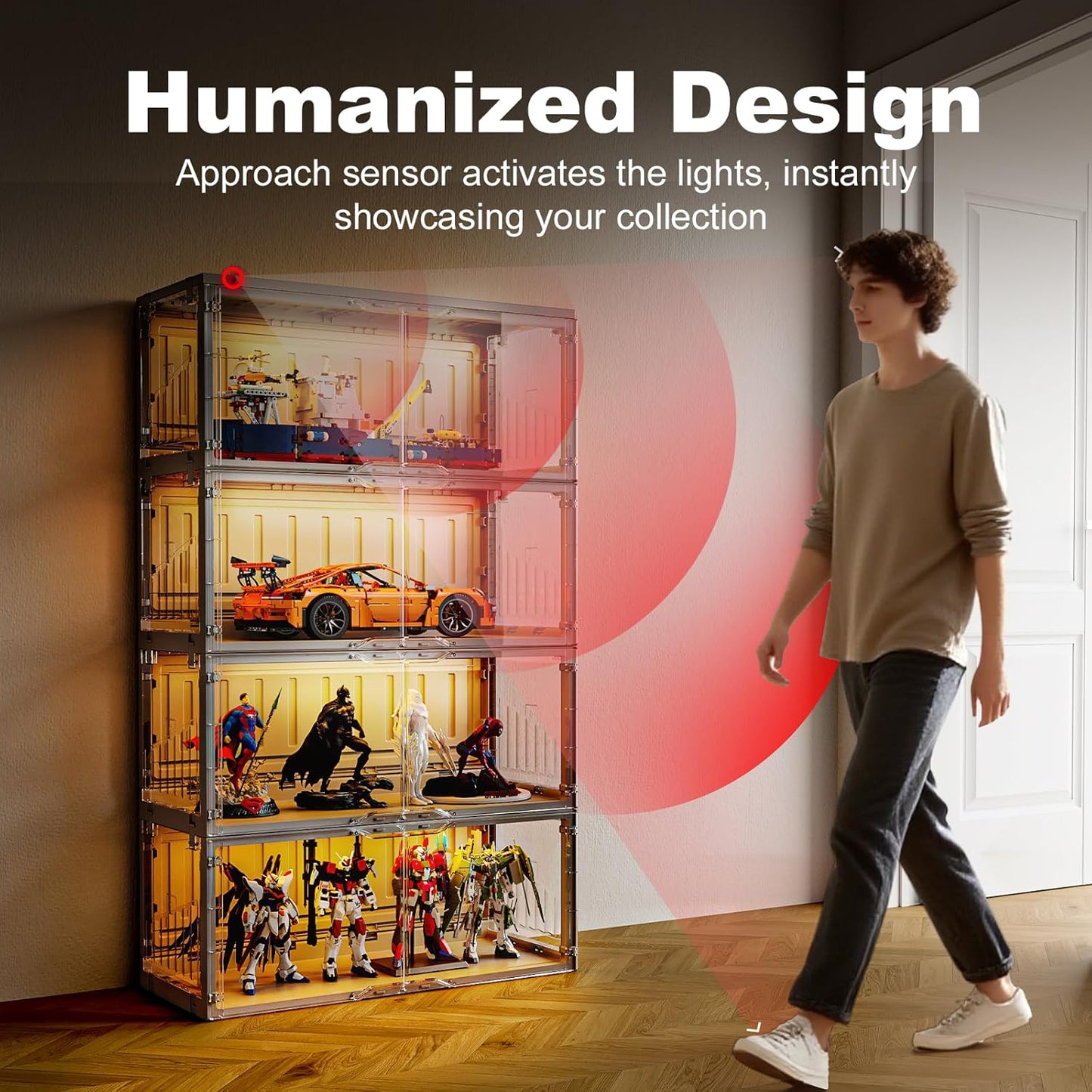 Foldable Display Cabinet, with 2 Color Lights & Infrared Sensing for Collectibles, Curio Cabinet Glass Display Case with Remote Control, Storage Cabinet,Black