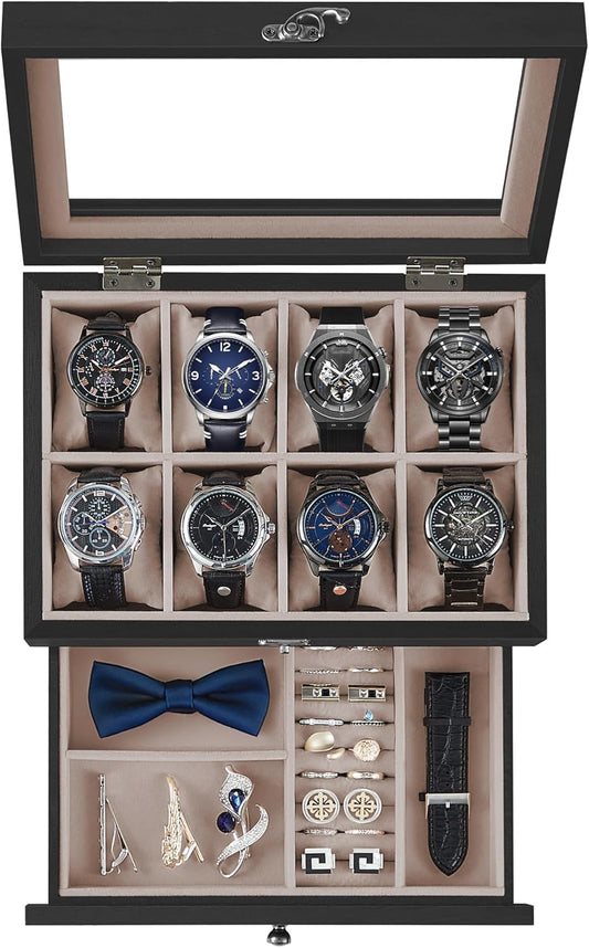 8-Slot Watch Box, 2-Tier Watch Display Case with Large Glass Lid, Removable Watch Pillows, Velvet Lining, Jewelry Box, Gift Idea, Ebony Black UJOW008B01