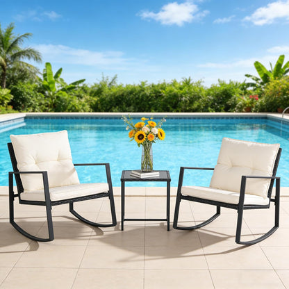 3 Piece Outdoor Rocking Bistro Set Black Wicker Furniture Porch Chairs Conversation Sets with Glass Coffee Table, Beige