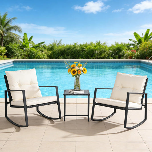 3 Piece Outdoor Rocking Bistro Set Black Wicker Furniture Porch Chairs Conversation Sets with Glass Coffee Table, Beige