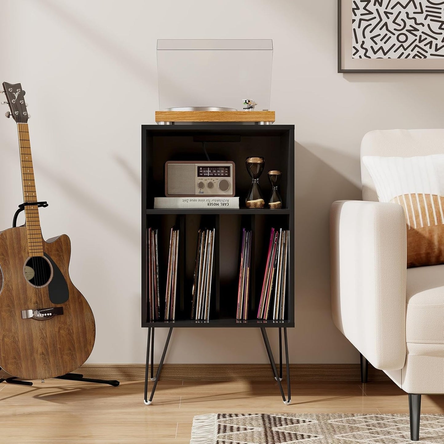 Record Player Stand with Charging Station, Turntable Cabinet with Metal Legs, Vinyl Record Storage Cabinet Holds up to 150 Albums for Living Room, Bedroom (Black)