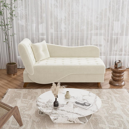 Chaise Lounge Chair Indoor with Storage, Adjustable Backrest Recling Reading Chair Sleeper Sofa Bed with Pillow, 3 in 1 Velvet Futon Lounge Chair for Living Room Bedroom, Beige White
