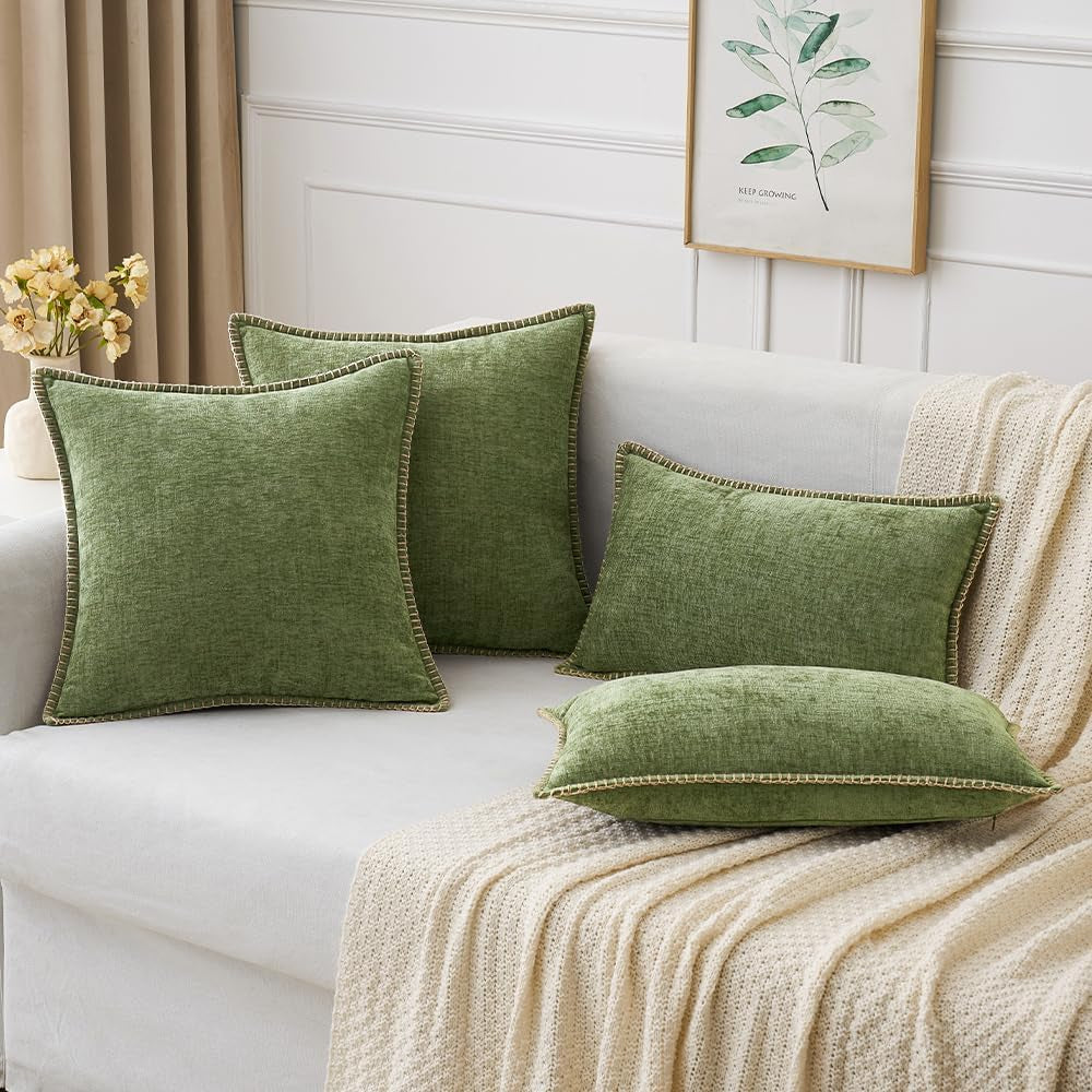 Pack of 2 Fall Couch Throw Pillow Covers 18X18 Inch Sage Green Farmhouse Decorative Pillow Covers with Stitched Edge Soft Chenille Solid Dyed Spring Pillow Covers for Sofa Bed Living Room