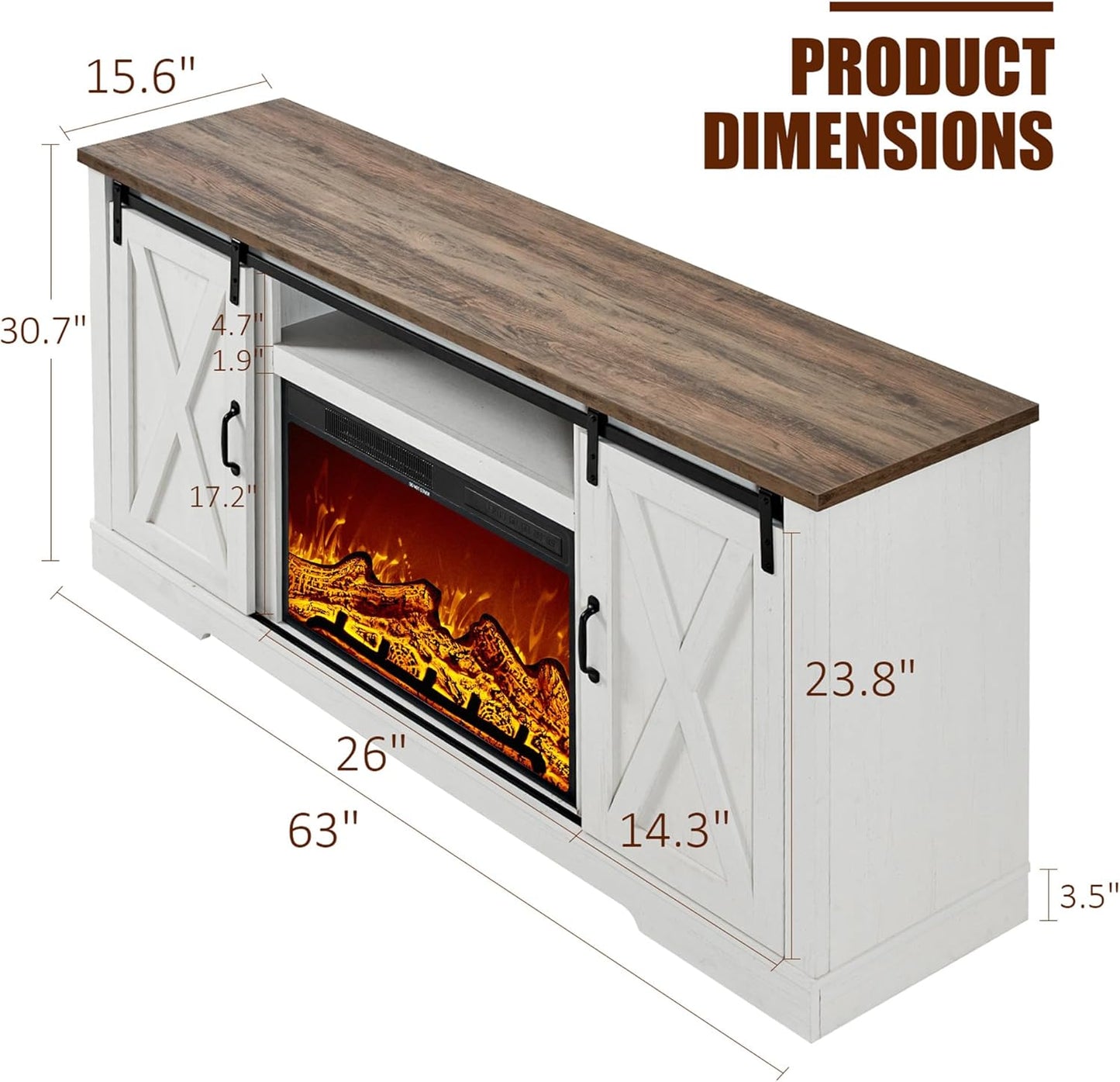 Fireplace TV Stand with Sliding Barn Door for Tvs up to 73", Farmhouse 63" Fireplace Entertainment Center with Storage Cabinets/Adjustable Shelves, Distressed White & Barnwood