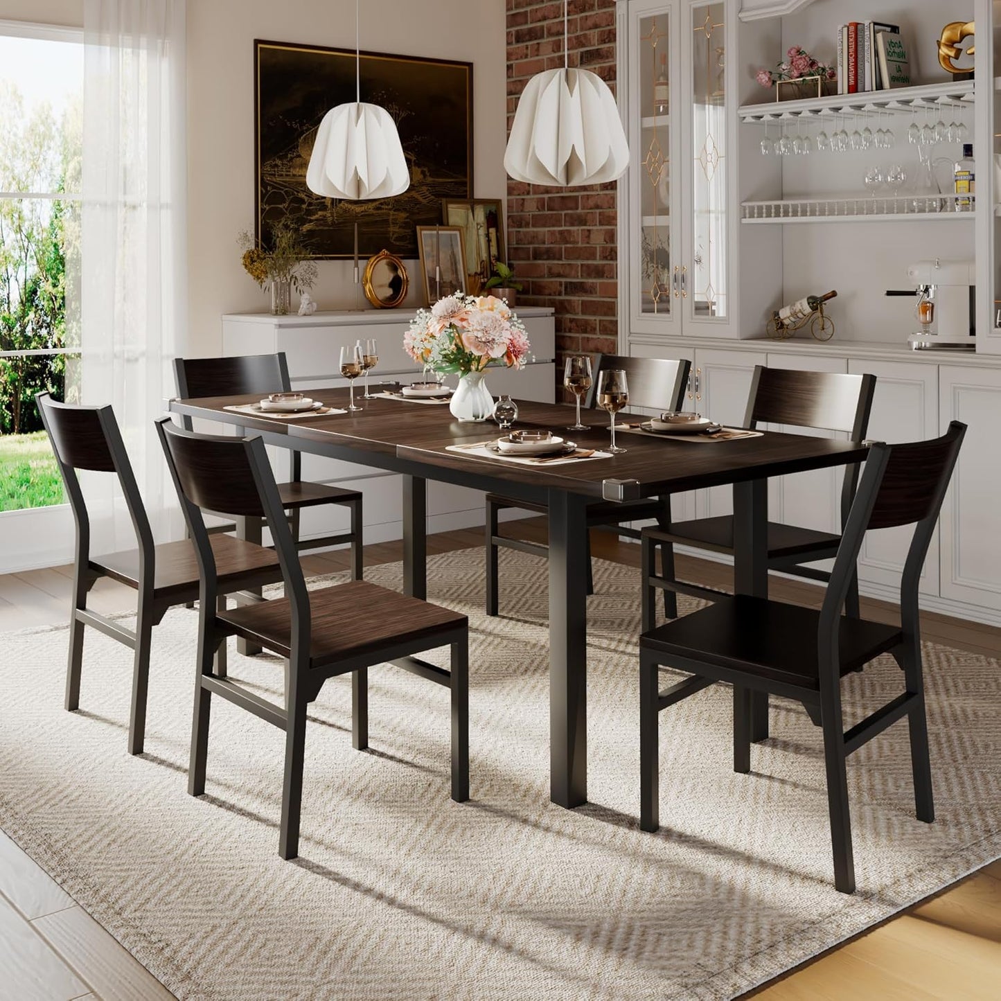 7 Pieces Dining Table & Chairs Set for 4-6, 63" Extendable Kitchen Table and 6 Chairs, Dining Room Table with MDF Board & Metal Frame, Perfect for Small Space, Easy Clean, Espresso