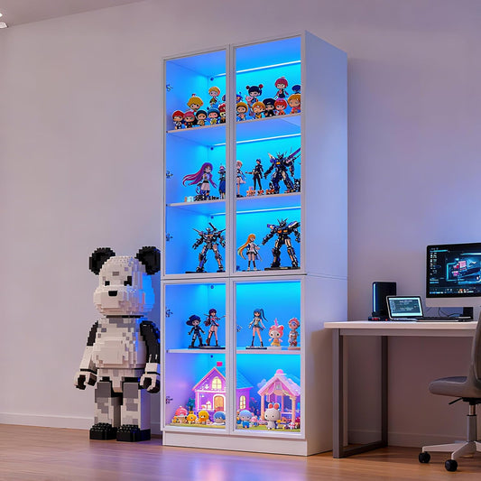 79'' Tall Glass Display Cabinet with LED Lights,Showcase with Glass Doors,5-Tier Curio Cabinet for Collectibles Bookcase,Storage Shelf, Bookcase (White- 5 Layers, Large)