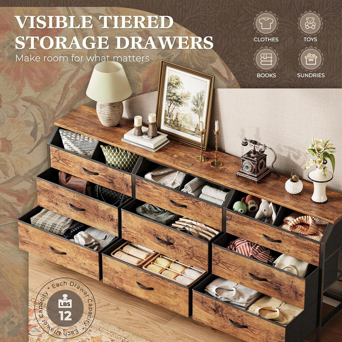 63 Inch Long Dresser for Bedroom, Large Open Storage Drawers, Dresser for Closet with 9 Fabric Drawers, TV Stand for 55, 65, 70 Inch TV, 63" W X 13.7" D X 26.7" H, Rustic Brown