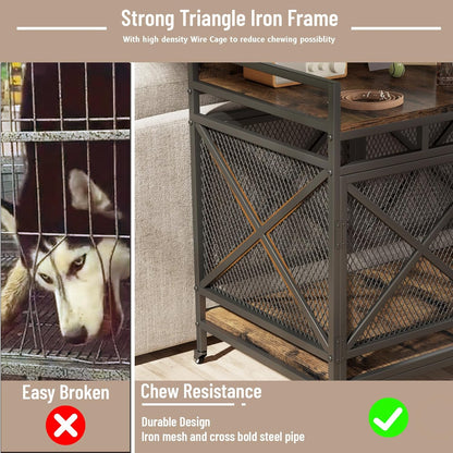 Large Dog Crate Furniture, 48 Inch Wooden Dog Kennel for Xlarge Dogs, Heavy Duty Dogs Furniture Indoor Wire Dog Cage with Caster Wheels,Decorative Pet House End Table, Textured Gray
