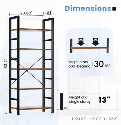 5 Tiers Bookshelf, Classical Modern Book Shelf, Tall Display Shelves in Living Room/Home/Office, Storage Organizer for Cds/Books/Movies, Rustic Brown