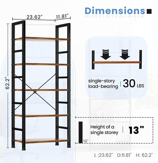 5 Tiers Bookshelf, Classical Modern Book Shelf, Tall Display Shelves in Living Room/Home/Office, Storage Organizer for Cds/Books/Movies, Rustic Brown