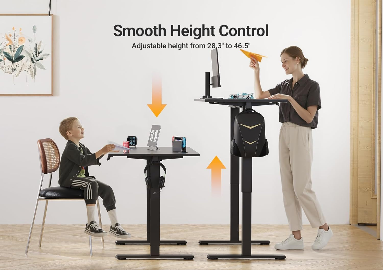 Electric Standing Desk Adjustable Height, 40 X 24 Inch Sit Stand Desk with T-Shaped Frame, 3 Memory Presets & Cable Management for Home Office Computer Workstation, Black Frame/Black Top