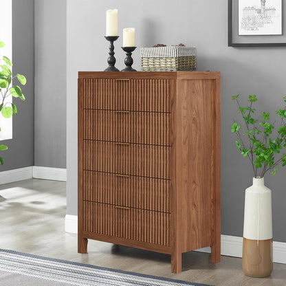 Dresser for Bedroom with 5 Storage Drawers, Storage Dresser Organizer with Wood Top, Nightstand Furniture with Wide Drawer Organizer in Living Room,Closet,Entryway,Hallyway Walnut Oak