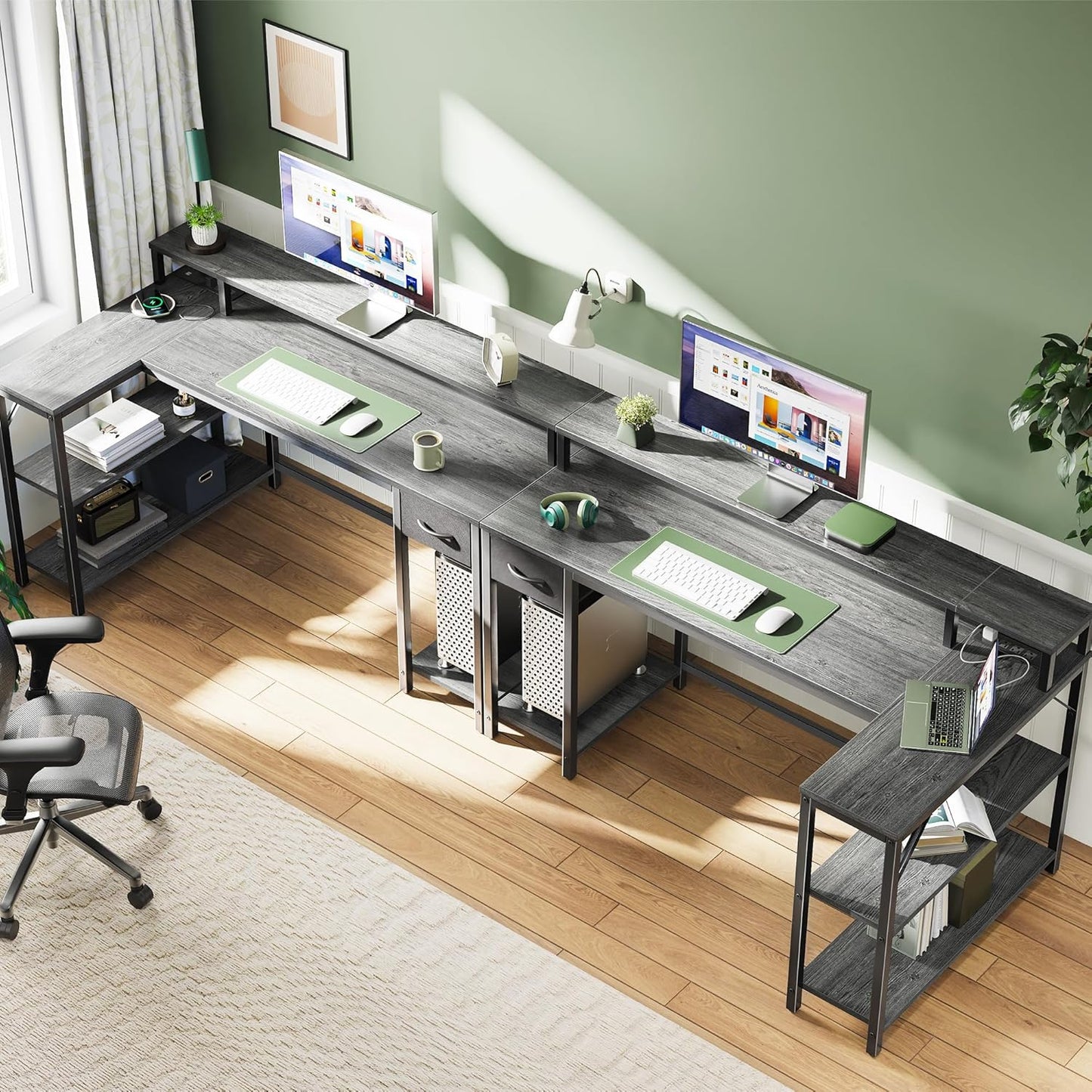 53 Inch Reversible L Shaped Desk with LED Lights & Power Outlets, Computer Desk with Shelves & Monitor Stand, Gaming Desk with Drawer, Home Office Desk Corner Desk, Grey