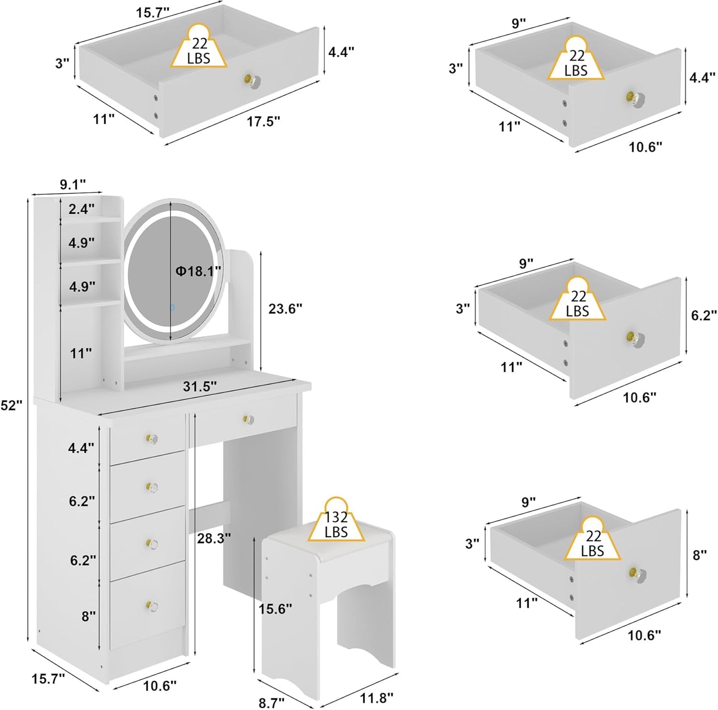 White Vanity Set with round Lighted Mirror, Makeup Vanity Dressing Table with 5 Drawers, Shelves, Dresser Desk and Cushioned Stool